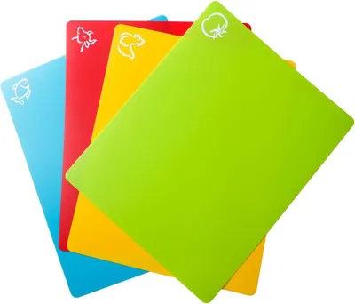 Produktbild von Flexible Schneidematte Kunststoff 4er-Set, 37 x 29,5 cm, Farbcodiert Mit Lebensmittelsymbolen Für Hygienische Trennung
