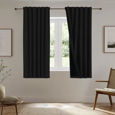 Zdjęcie produktu dla Omgoods - Zasłony zaciemniające z falbanami - Zestaw 2 sztuk, 137 x 117 cm, krótkie, nieprzezroczyste, termoizolacyjne zasłony, czarne
