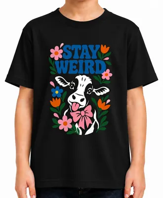 Produktbild von Stay Weird Lustige Kuh Blumen 70s Hippie Bauernhof Kalb Kälbchen Kinder T-Shirt, Schwarz, 104