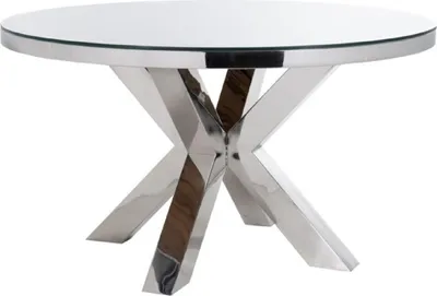 Produktbild von Casa Padrino Luxus Esstisch Silber / Braun Ø 140 x H. 75 cm - Runder Edelstahl Küchentisch mit Massivholz Tischplatte und Glasplatte - Esszimmer Möbel - Luxus Möbel - Luxus Einrichtung