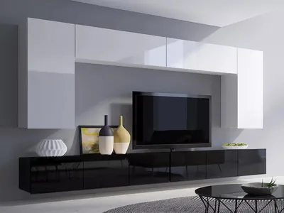 Produktbild von Wohnwand CALABRINI-13 Hängewohnwand Set, 6-teilig, Weiß Hochglanz Modern, PVC-Furnier Spanplatte, grifflos, TV-Schränke  (Weiß + Schwarz Hochglanz)