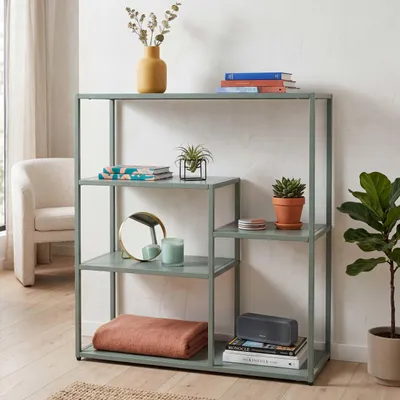 Image de Étagère HWC-P98, étagère de salon, étagère sur pied, étagère de rangement, métal industriel, 80 x 80 x 30 cm ~ vert menthe