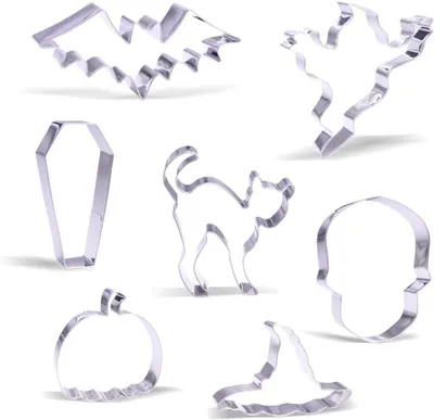 Produktbild von Groß Halloween Ausstechformen Set - 7 Stück - Geist, Angstkatze, Schädel, Fledermaus, Sarg, Kürbis, Hexenhut - Rostfreier Stahl