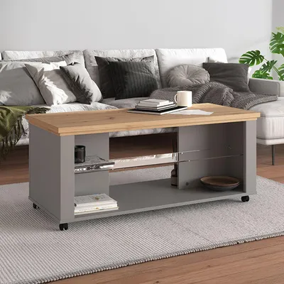 Immagine prodotto di Dmora Tavolino da Salotto Zeme 115x51x49h cm Marrone Rovere Nodi, 2 Vani Forma Rettangolare