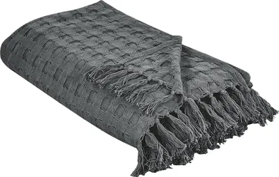 Zdjęcie produktu dla BELIANI Narzuta na łóżko szara bawełna 150 x 200 cm koc z frędzlami dekoracyjna ozdobna sypialnia
