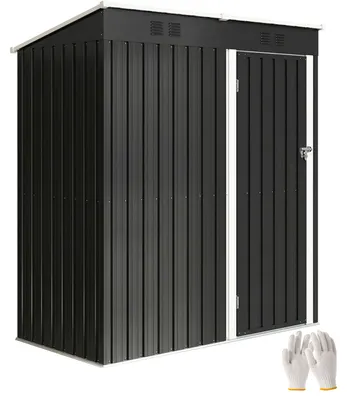Image de Abri de jardin verrouillable, en métal, de couleur gris foncé, avec toit en pente. | 2 ouvertures de ventilation | Résistant au vent de force 4 | Dimensions : 163 x 90 x 179 cm