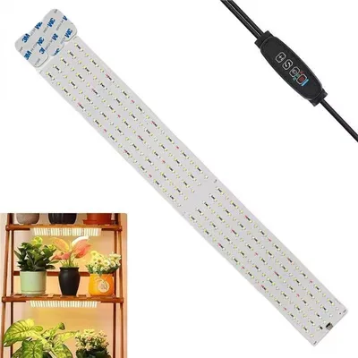 A grow light strip is shown diagonally across the image, with a shelf of plants in the lower left corner.