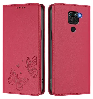 Obrázek produktu pro Kožené pouzdro pro Xiaomi Redmi Note 9 4G, motýlí ražbou, peněženkové flip pouzdro se stojánkem Červená
