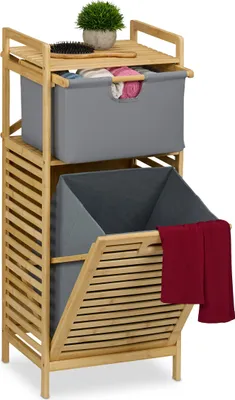 Zdjęcie produktu dla Kosz na pranie Relaxdays, przechylany pojemnik na pranie, 30 litrów, półka i szuflada, bambus, tkanina, wymiary: 95 x 40 x 33 cm, kolor naturalny/szary