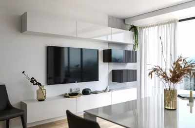 Produktbild von Wohnwand Set mit 8 Schränken, Weiß Hochglanz, Schwarz Hochglanz, modern für das Wohnzimmer, 315 x 200 cm