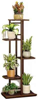 Image de Support pour plantes, design à 5 niveaux, capacité pour 6 pots, couleur marron