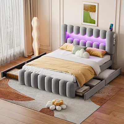Image de OKWISH Lit avec rangement 160x200 cm - 4 Tiroirs - Sans Matelas - Gris