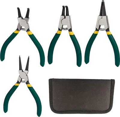Produktbild von Sprengringzangen Set, 4 Stück 125mm Sprengringzange Rutschhemmend Sicherungsringzange mit Taschen, Grün Gebogen/Gerade Seegeringzange Innen/Außen