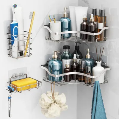 Image de Étagère de douche sans perçage, organisateur de salle de bain, lot de 4, en acier inoxydable, argenté, à fixer au mur