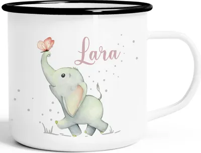 Produktbild von Kindertasse Emaille mit Namen Elefant Tiere Schmetterling personalisiert Namensgeschenke Jungen Mädchen SpecialMe® weiß-schwarz Emailletasse