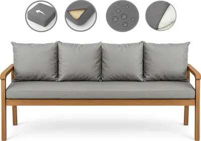 A wooden sofa with grey cushions, shown with inset images highlighting product features.