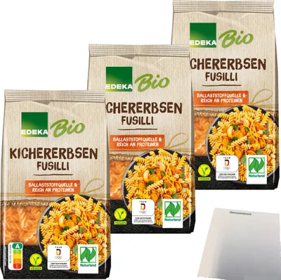 Produktbild von Edeka  Kichererbsen-Fusilli Pasta aus 100% Kichererbsenmehl 3er Pack (3x250g Packung) + usy Block