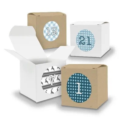 Produktbild von Adventskalender zum Füllen 24x Würfel 6,5cm gemischt WEISS BRAUN + Sticker V06 Z05