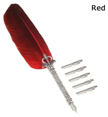 Produktbild von Vintage Kalligraphie Feder Set mit 5 Schreibfedern Tintenfeder Stift Kalligraphie-Set Unterschrift Schreibset - Farbe: Rote Feder