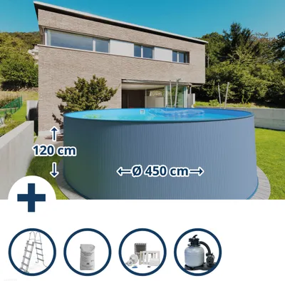 Produktbild von Stahlwandpool Set (5-teilig) rund 450x120cm, Stahl 0,4mm anthrazit, Folie 0,4mm blau, Einhängebiese