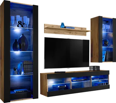 Obrázok produktu pre Komodee | Nábytková Zostava s TV Skříňkou a Vitrínou Tivoli Set Medio, Korpus Wotan Matný Přední Část Černý Matný, Modré LED