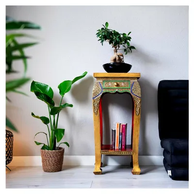 Produktbild von Opiumtisch aus Massivholz – 35x35x75cm – Handgeschnitzter Beistelltisch aus Thailand mit Glasmosaik