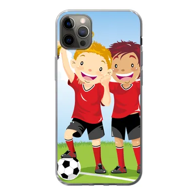 Produktbild von MuchoWow® Handyhülle Schutzhülle Hülle für iPhone 13 Pro Max Eine Illustration von zwei Fußballspielern, die einen Preis gewonnen haben - Jungen - Mädchen - Kind Silikon Softcase Handy Hülle - Mobiltelefon