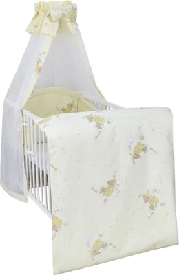 Produktbild von Baby-Delux Babybett Kinderbett Gitterbett Milo Weiß 120x60 Komplett Bettset 10-tlg. Teddy Hängematte creme Chiffon