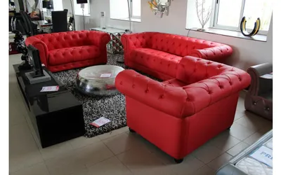 Zdjęcie produktu dla Chesterfield, kanapa obita skórą, zestaw sof składający się z 3, 2 i 1 miejscowych foteli, model #396