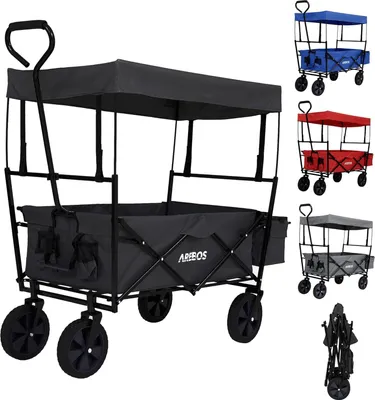 Produktbild von Faltbarer Bollerwagen mit Dach - Handwagen mit Luftreifen - 70 kg Tragfähigkeit - 360° drehbare Vorderräder - Schwarz