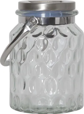 A clear glass jar with a textured pattern and a silver handle and lid.