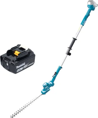 A cordless hedge trimmer and its battery pack are shown against a white background.