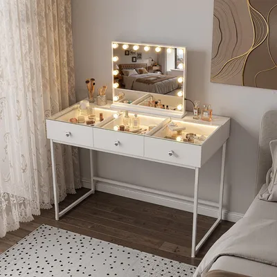 Produktbild von VANITII Schminktisch mit Spiegel Beleuchtung 3 Schubladen Weiβ 115 x 55 x 127 cm