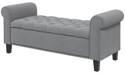 Image de Banc de repos en velours, placé au pied du lit - Banc rembourré avec espace de rangement - Avec accoudoirs - Structure en bois - 126 x 48,5 x 57 cm - Gris