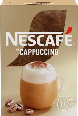 A box of Nescafé Cappuccino with a depiction of a cappuccino cup and coffee beans.