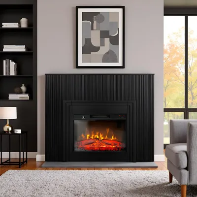 Image de Cheminée électrique design au lattes décoratives ElectricSun LAMELIA noir mat, avec effet sonore, 3 couleurs, avec App, L120xH102cm