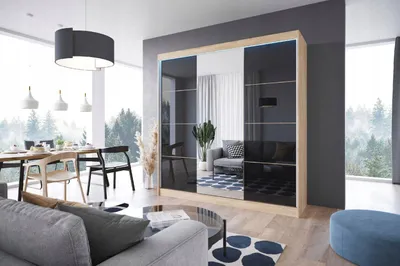 Zdjęcie produktu dla Duża szafa przesuwna LACO 180cm sonoma - fronty szkło lacobel w 3 kolorach do wyboru, duże lustro, w komplecie z półkami, drążkami, prosty montaż