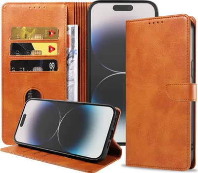 Produktbild von Fit für iPhone 14 Pro Handytasche Kunstleder mit magnetischer Lippe und Kartenhalter Buchhülle mit Klappe - Braun - Smartphonica