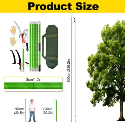 Image de Scie télescopique pour arbres - Scie à perche - Portée de 6 m - Manuelle - Mécanisme à cliquet - Métal - Vert