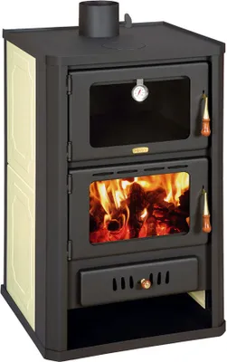 A freestanding wood-burning stove with a glass-fronted oven and a firebox.