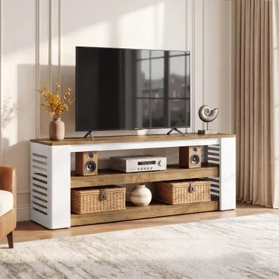 Productafbeelding van TV-standaard van 160 cm in landelijke stijl, geschikt voor televisies van 55/60/65/75 inch, met een mediakast met 3 opbergvakken en zijpanelen van hout met lattenstructuur. Houten console tafel