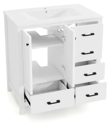 Image de Meuble sous-vasque autoportant - Lavabo intégré en céramique - 76 × 46 × 82 cm - Blanc - MDF et céramique - Finition laquée - Tiroirs et étagères réglables