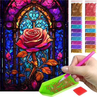 Produktbild von ARTULIO - Diamond Painting Set - Bunte Glasmalerei mit Rose - 40 x 30 cm - Bilder DIY, Crystal Art, Home Wand Deko, Komplettset Mosaik + Zubehör