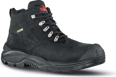 A black work boot is shown against a white background.