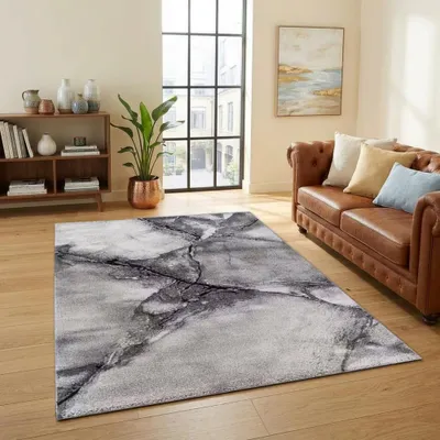 Image de Tapis design gris crème, texture pierre, style moderne et élégant, pour le salon, dimensions : 120 x 170 cm