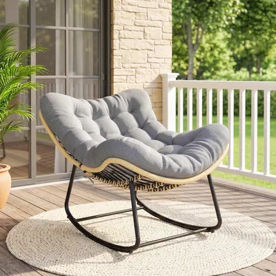 Produktbild von Sweiko Rattan Schaukelstuhl Gartenliege mit dicke Kissen, Gartenschaukel bis 120 kg Indoor Outdoor 87 x 110 x 70 cm Grau