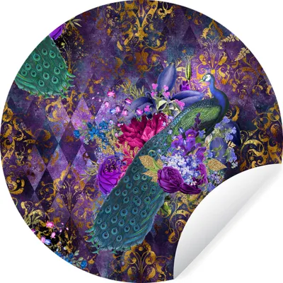 Produktbild von MuchoWow® Runde Wandtattoo - Wandsticker Tapete Aufkleber Muster - Pfau - Violett Ø 80 cm Selbstklebend und Repositionierbar - Wandaufkleber - Kreis - Mauerkreis - Wand Bilder - Wandsticker - Wohnzimmer Dekoration - Dekoration für die Wände - Aluminium - Babyzimmer