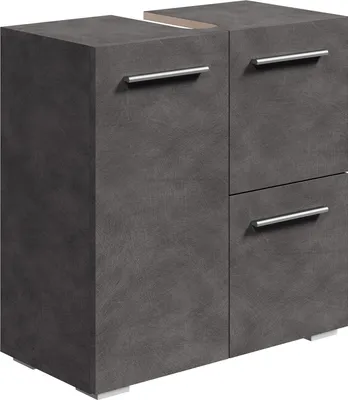A dark gray bathroom vanity cabinet with silver handles.