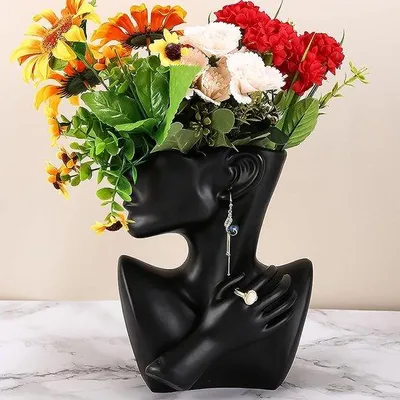 Produktbild von Unyqoos® Moderne Gesichts‑Vase aus Kunstharz, dekorative Skulptur als Schmuckständer & Blumentopf für Pampasgras, Wohnzimmer/Schlafzimmer, Schwarz