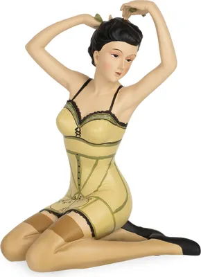Zdjęcie produktu dla Dekoracyjna figurka kobiety w sukience w stylu vintage 14 x 12 x 21 cm - klęcząca figurka kobiety wykonana z polyresinu w stylu retro - stylowa dekoracja z lat 50-tych do sypialni, łazienki, toaletki lub garderoby
